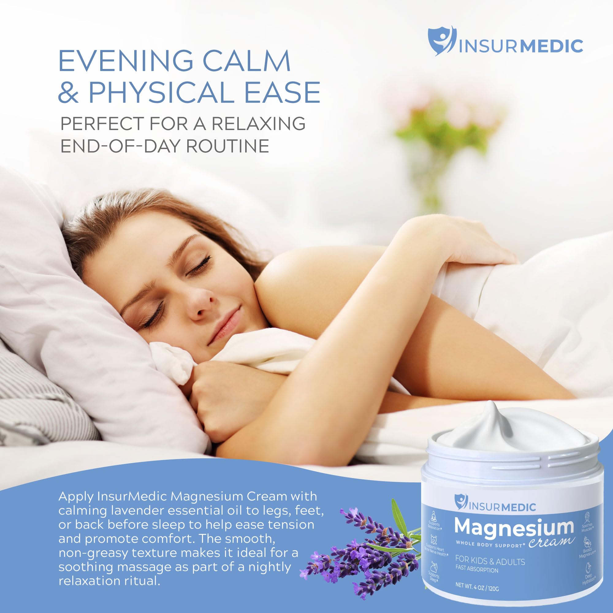 InsurMedic Magnesium Cream for Neuropathy - Nerve Muscle Cramps & Body Pain Support Topical Lotion for Kids Adults - Relaxing Calming Nighttime Rub with Lavender Shea butter for Legs Feet Back