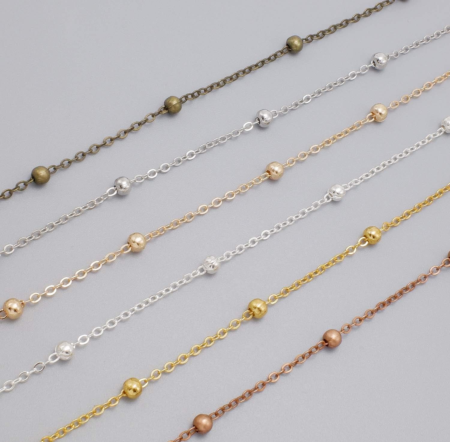 THREENEST 32-Feet Copper Satellite Chains with Beads for Jewelry Making Set, with 20 Lobster Clasps+50 Jump Rings, Cable Link Craft Chain Findings for Necklace Bracelet DIY (Copper_2075-B)