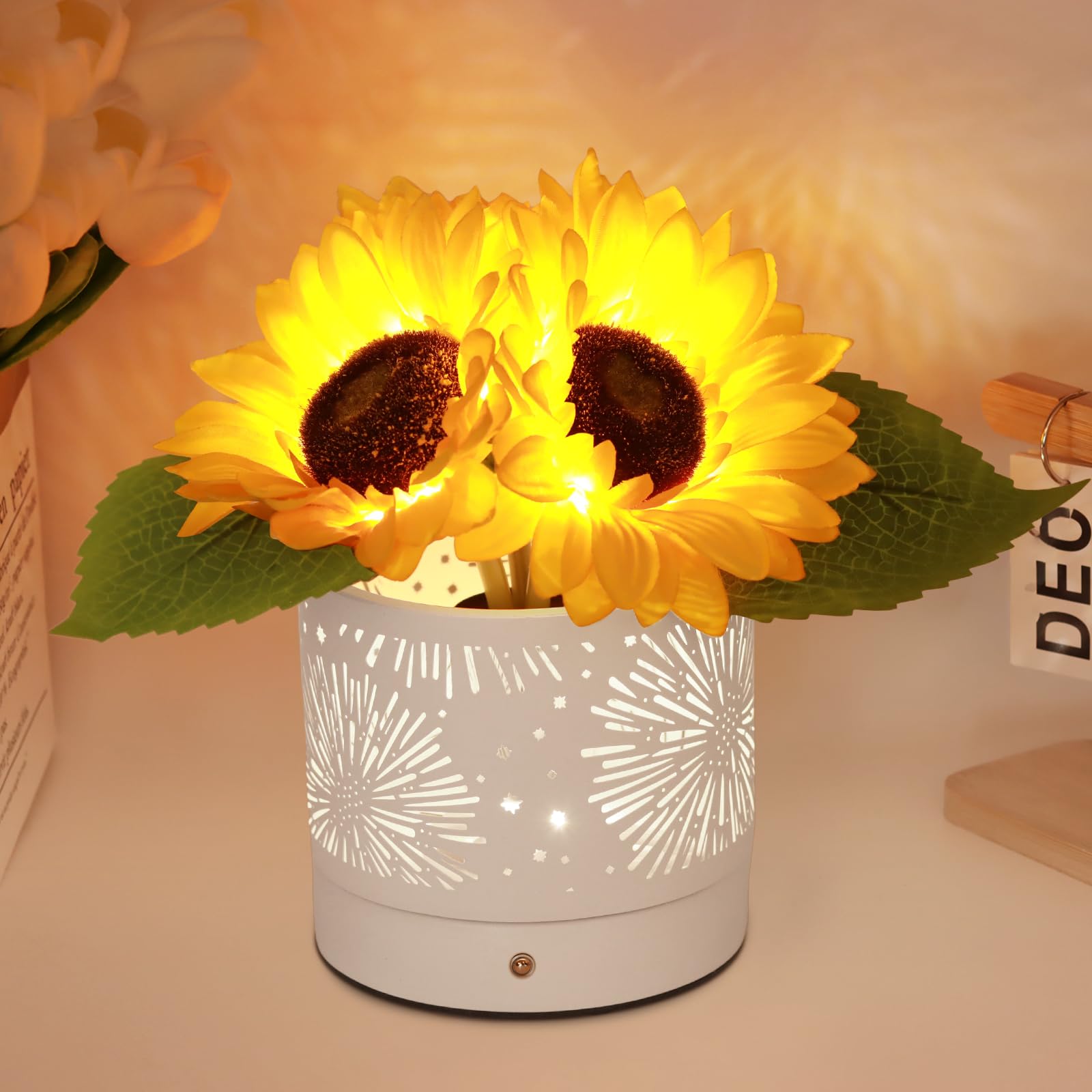 JHXLAMP Sunflower Flower Touch Lamp, Rechargeable Wireless Table Lamp, 3 Colours Continuously Dimmable Small Night Light,Gift for Mum for Valentine's Day, Mother's Day, Christmas