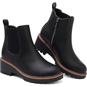 Women's Chelsea Wedge Boots Side Zip Lug Sole Round Toe Fall Ankle Boots | Side zipper closure, elastic gore panel, cushioned