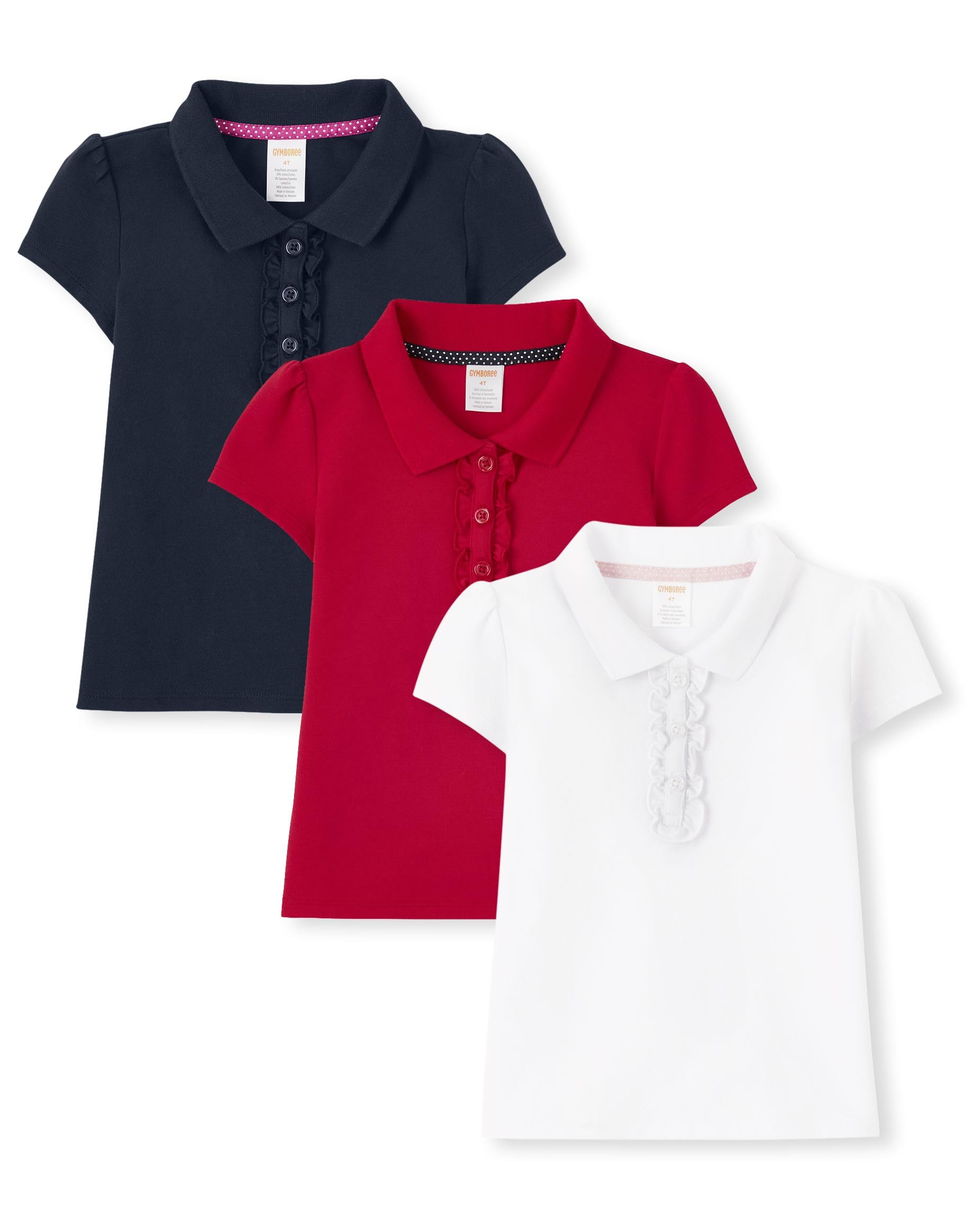 Gymboree,Girls,and Toddler Short Sleeve Ruffle Polo Shirt,Navy/Red/White 3-Pack,8