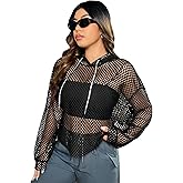 WDIRARA Women's Hollow Out Mesh Drawstring Long Sleeve Plus Size Casual Hoodie Sweatshirts