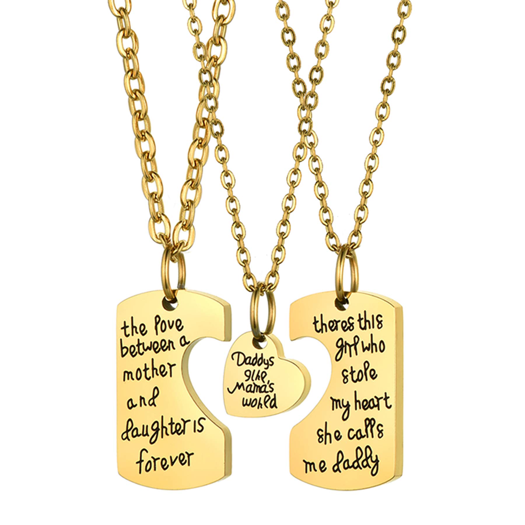 JewelryWe 3PCS Love Puzzle Necklaces Matching Set for Dad Daughter Mommy Stainless Steel Keychain Pendant Necklaces,Gold