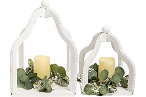 HPC DEC R OUR HAPPY PLACE HPC Decor 2 Pack Rustic Farmhouse Lantern Decor,Vintage Wood Beaded Lanterns,White Candle Lanterns Decorative w/LED Lights String and Garland for Home, Indoor,Outdoor, Table, Fireplace, Mantle Decor