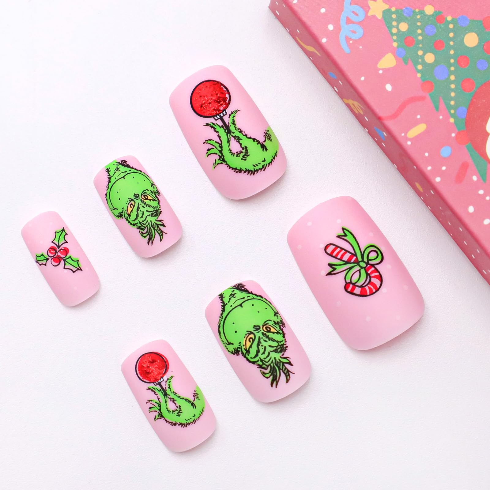 Christmas Press on Nails Short Square Fake Nails Pink Stick on Nails Winter False Nails with Fun Cartoon Green Haired Monster Designs Xmas Candy Cane Press on Nails for Women Girls Holiday Manicure - Image 5