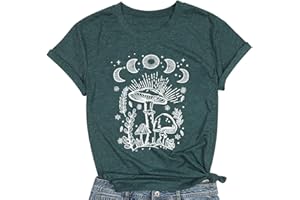 QFM Women Mushroom Shirts Moon Graphic Tees Floral Flowers Printed Aesthetic Hiking Adventure Nature Short Sleeve Shirts
