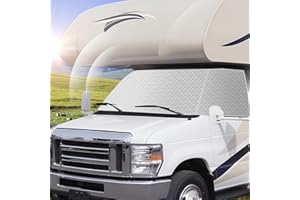 BOYISEN RV Windshield Cover for Ice and Snow, RV Front Window Shade for Class C Ford E450 1997-2025 Motorhome, UV & Privacy Protection Motorhome Windshield Sunshade 4 Layers with Mirror Cutouts