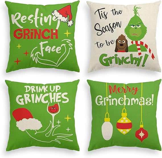 AVOIN Christmas Grinch Throw Pillow Cover, 18 x 18 Inch Winter Holiday Merry Grinchmas Cushion