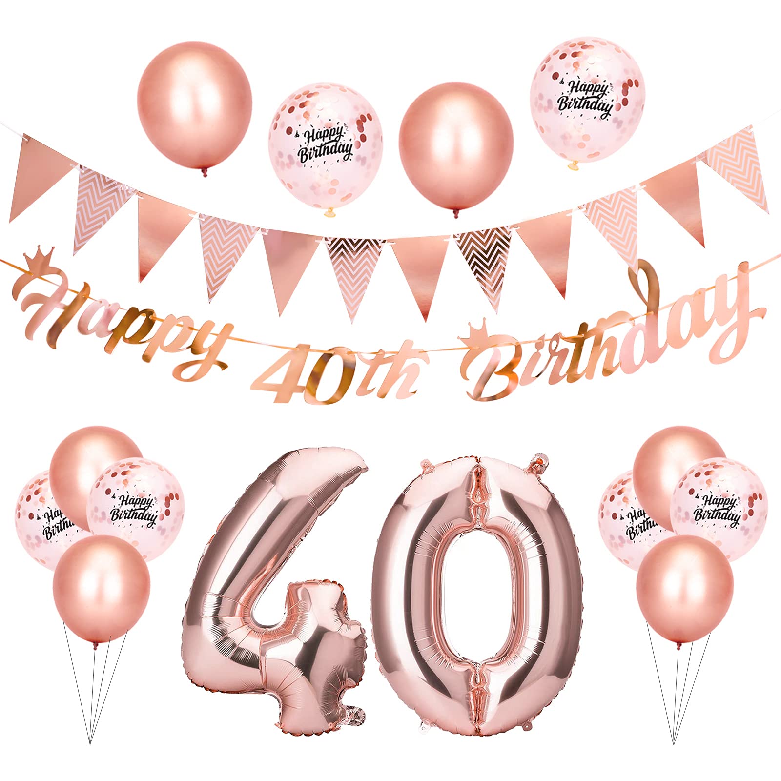 Beainfir 40th Birthday Decorations Set Include Rose Gold Happy 40th Birthday Banner,Triangle Flag Banner,Confetti Latex Balloons and Foil Balloons for Party Decoration Supplies for Girls and Boys