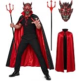 PARTY TELLER Men's Red Devil Cape Costume Set Adult Reversible Cloak with Accessories Halloween Cosplay Costume