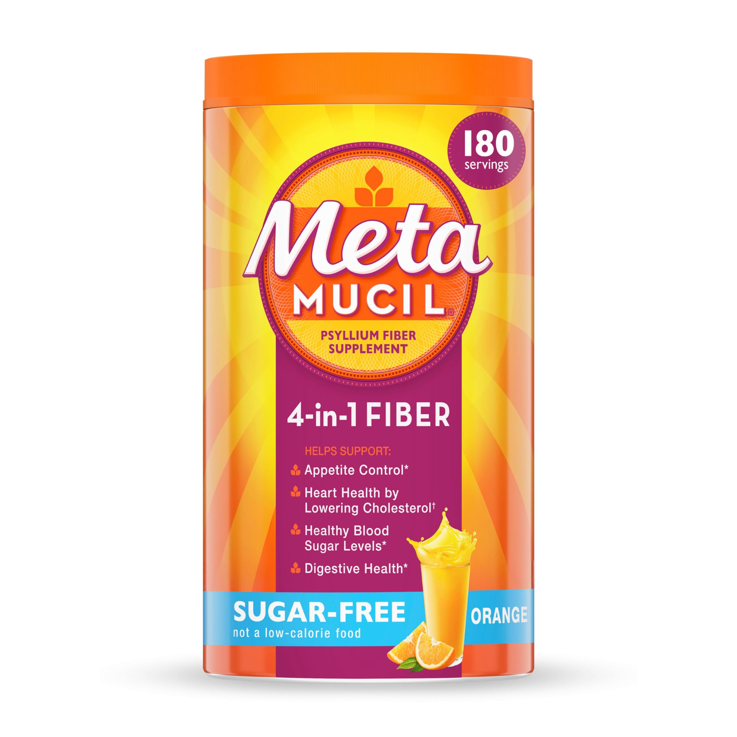 Metamucil 4-in-1 Psyllium Husk Fiber Supplement, Sugar-Free, 180 teaspoons, Orange Flavored, Daily Fiber Powder for Digestive Health, made with Plant-Based Psyllium Husk Fiber