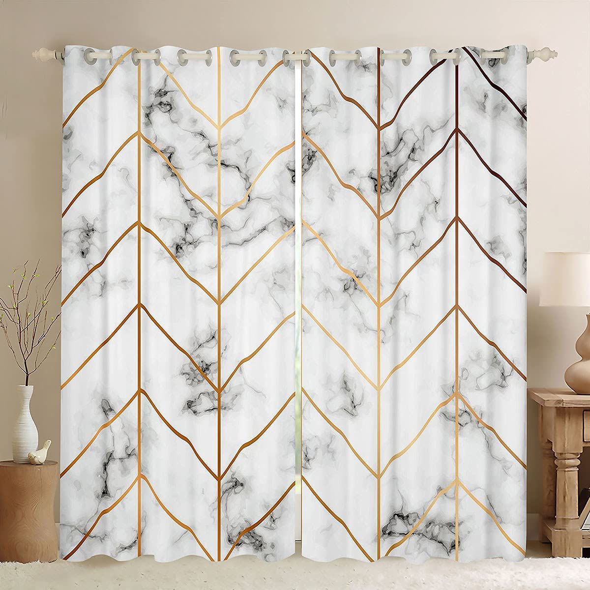 Homemissing Marble Texture Curtains Golden Geometric Lines Window Drapes For Kids Adults Black White Marbling Window Curtains For Bedroom Living Modern Treatments,W46*L54