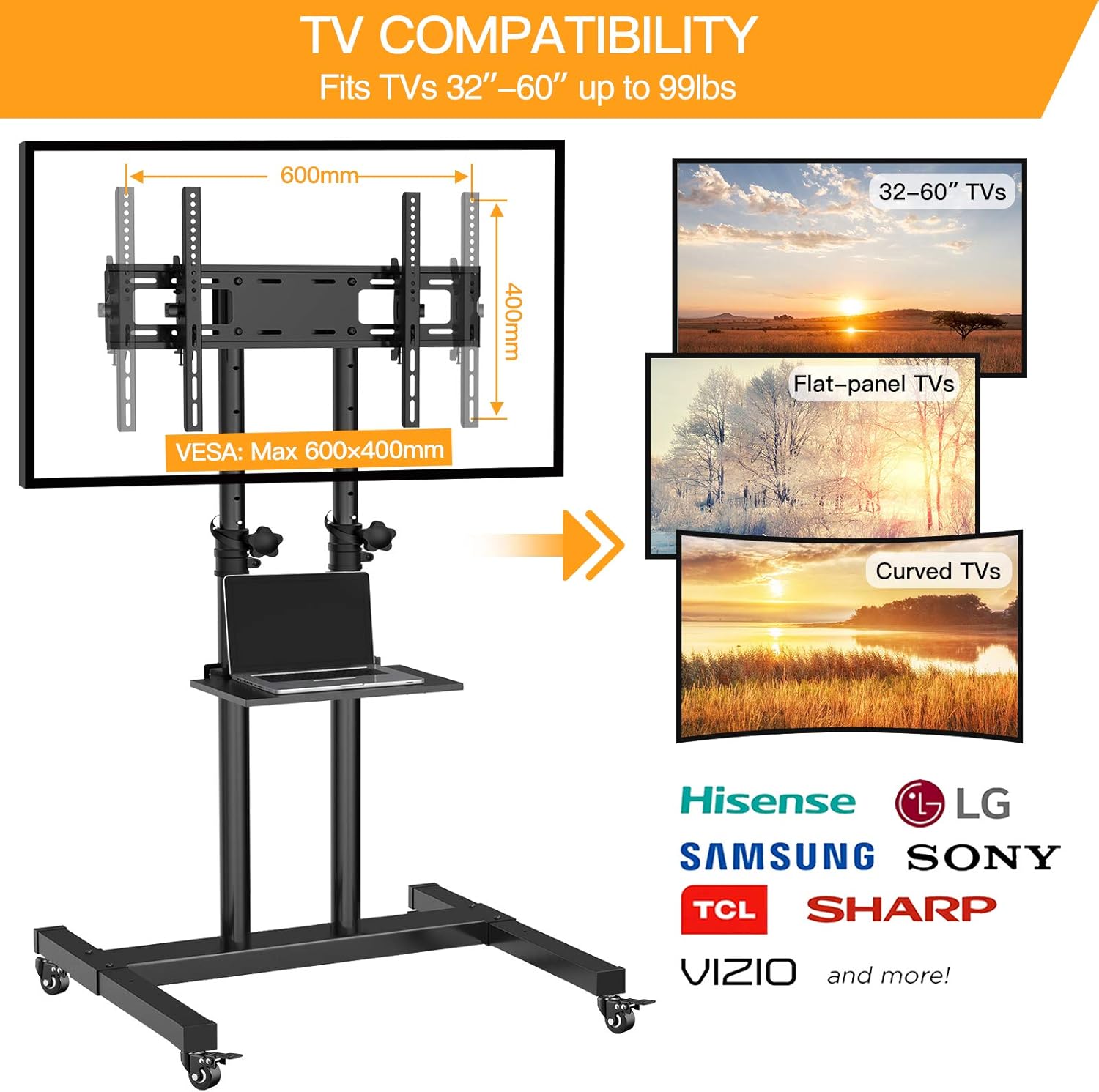 Mobile TV Stand with Wheels for 32-60 Inch LED Flat/Curved Panel Screen TVs Tilting TV Cart Height Adjustable Max VESA 600×400mm Rolling Floor Trolley Stand w/Shelf Supports TV up to 99lbs - PGTVMC03: Electronics