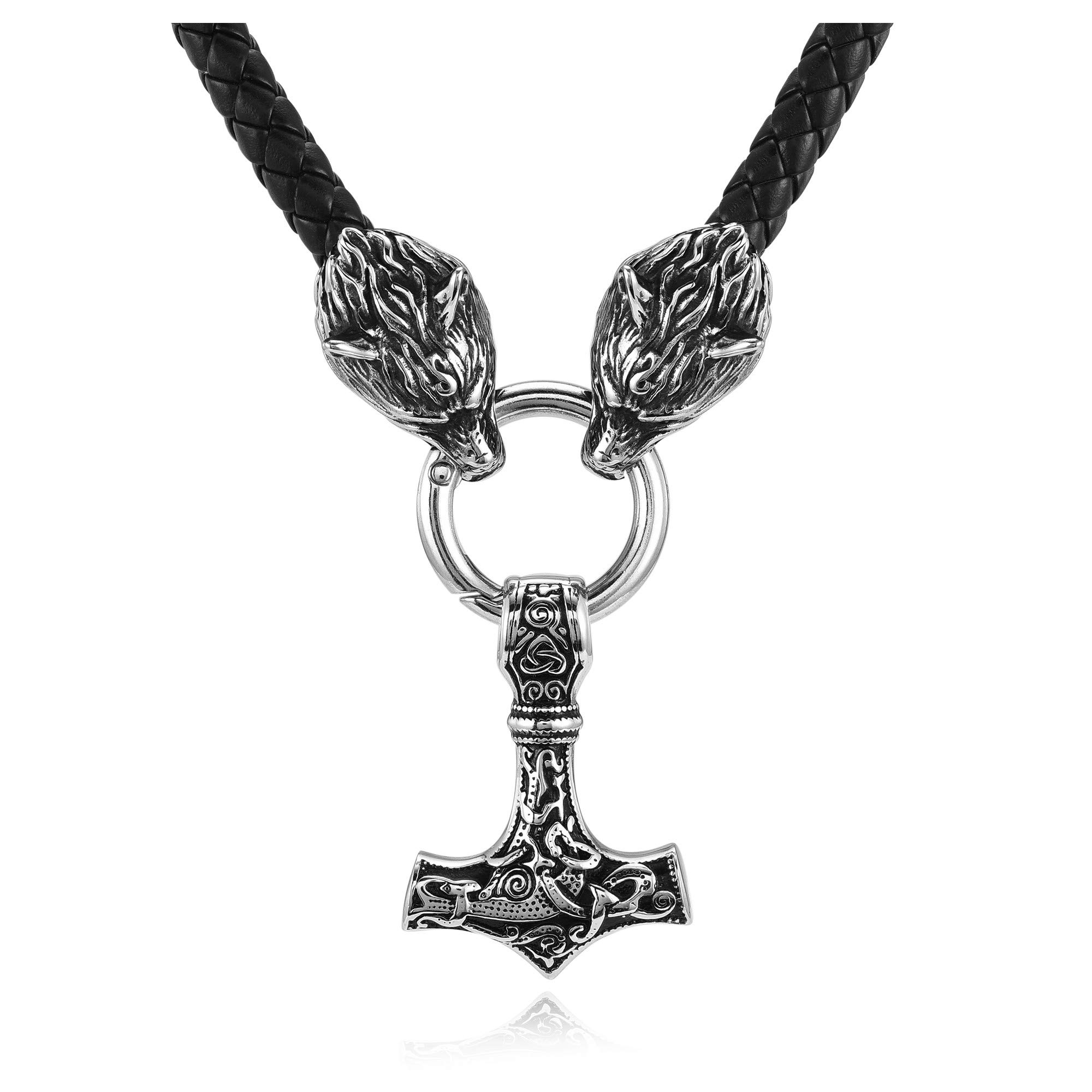 PiercingJak Men's Necklace Thor's Hammer Viking with Fenris Wolf Braided Leather Chain Stainless Steel Mjölnir Celtic Knot Pendant Nodic Jewellery Amulet Silver / Black, 61cm, Genuine leather,