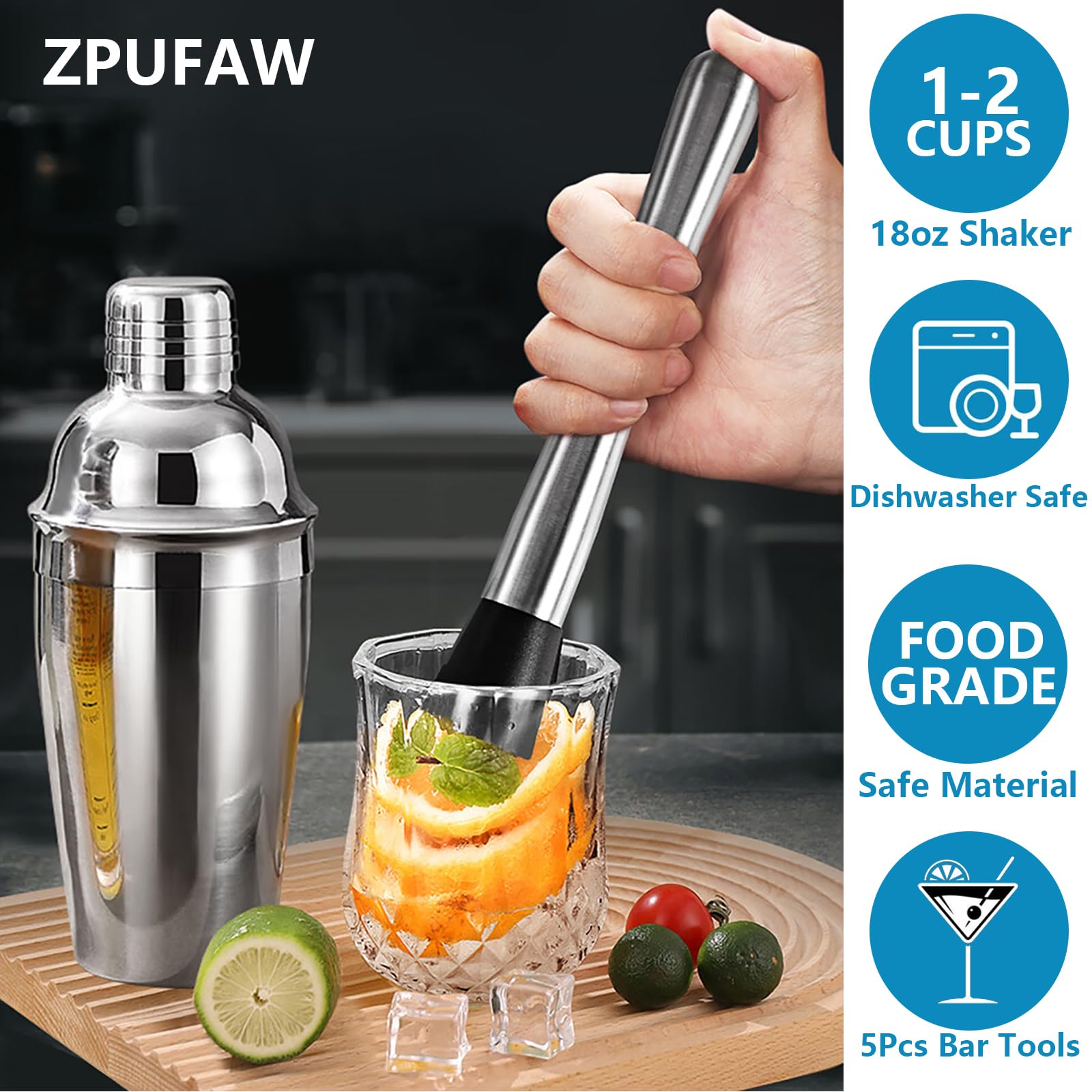 ZPUFAW 5-Piece Cocktail Shaker Set Shaker Strainer Jigger T-Mixing Spoon Muddler Bartender Kit Stainless Steel Bar Set Housewarming Gift - Image 2