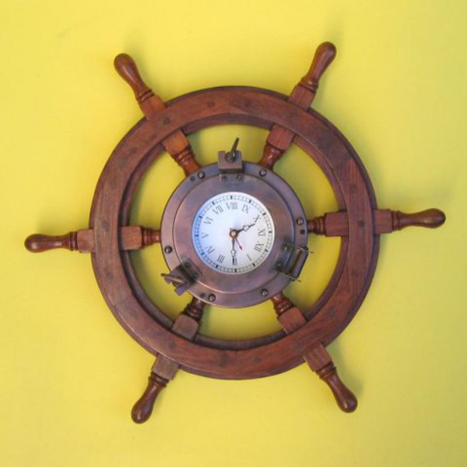 Wood Ship Wheel Wall Clock 24" Nautical Decor Amazon.co.uk Kitchen