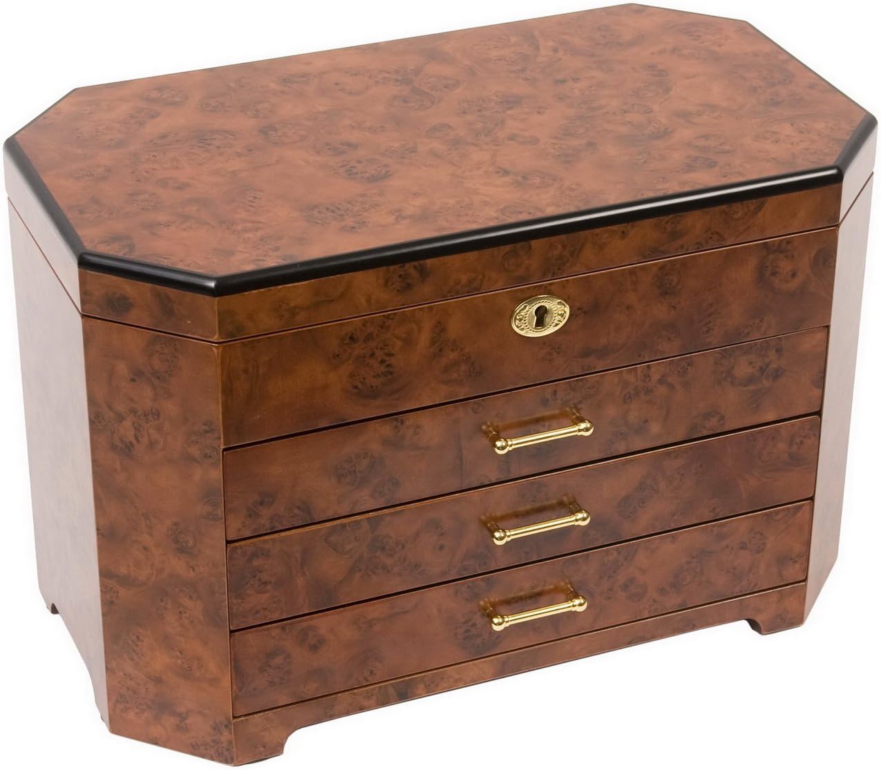 Handcrafted Locking Italian Rustic Burl Wood Jewelry Box with 3 Drawers