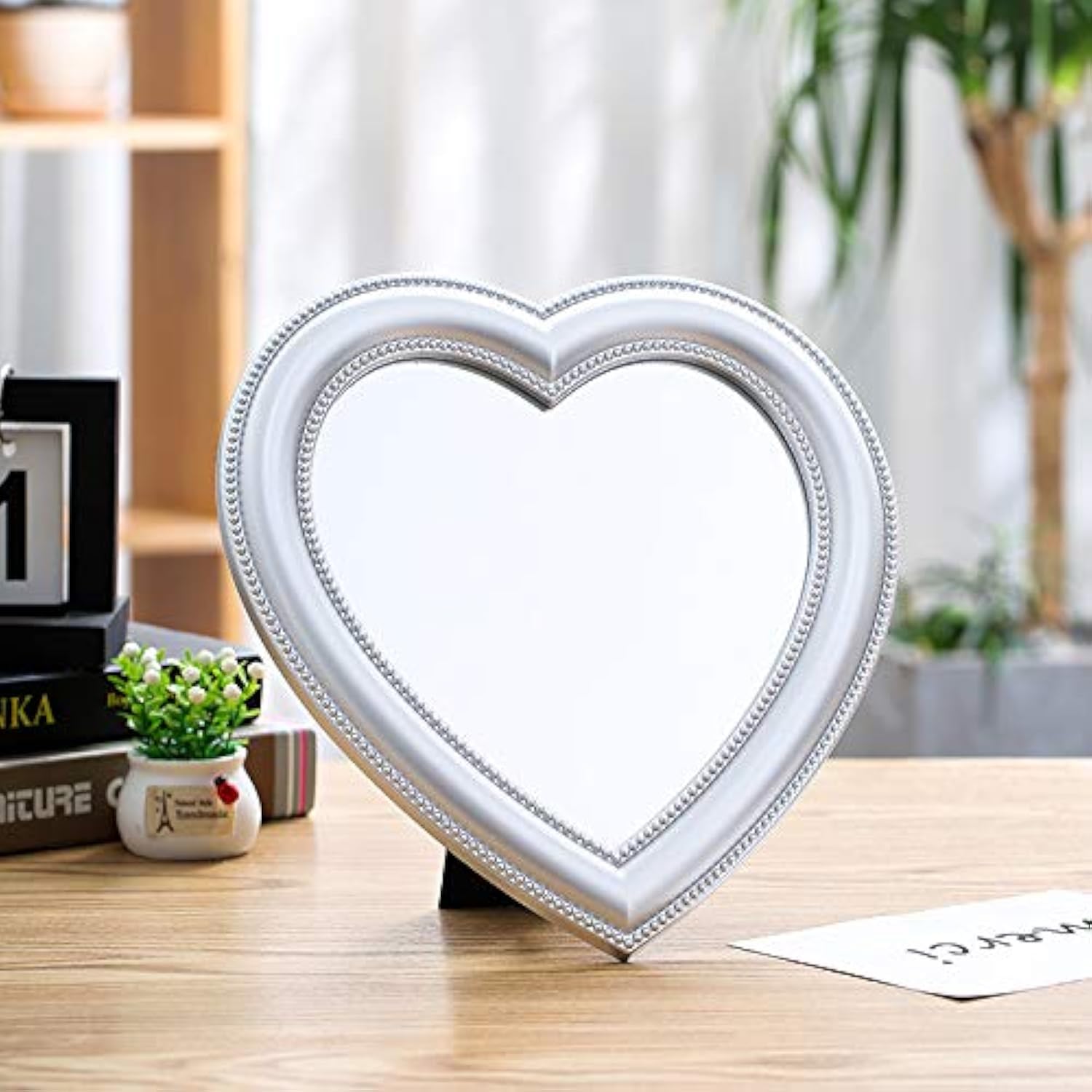 Hosoncovy Heart Shaped Foldable Desktop Makeup Mirror with Stand,Decorative Wall Hanging Handheld Cosmetic Vanity Gift Mirror (Silver)