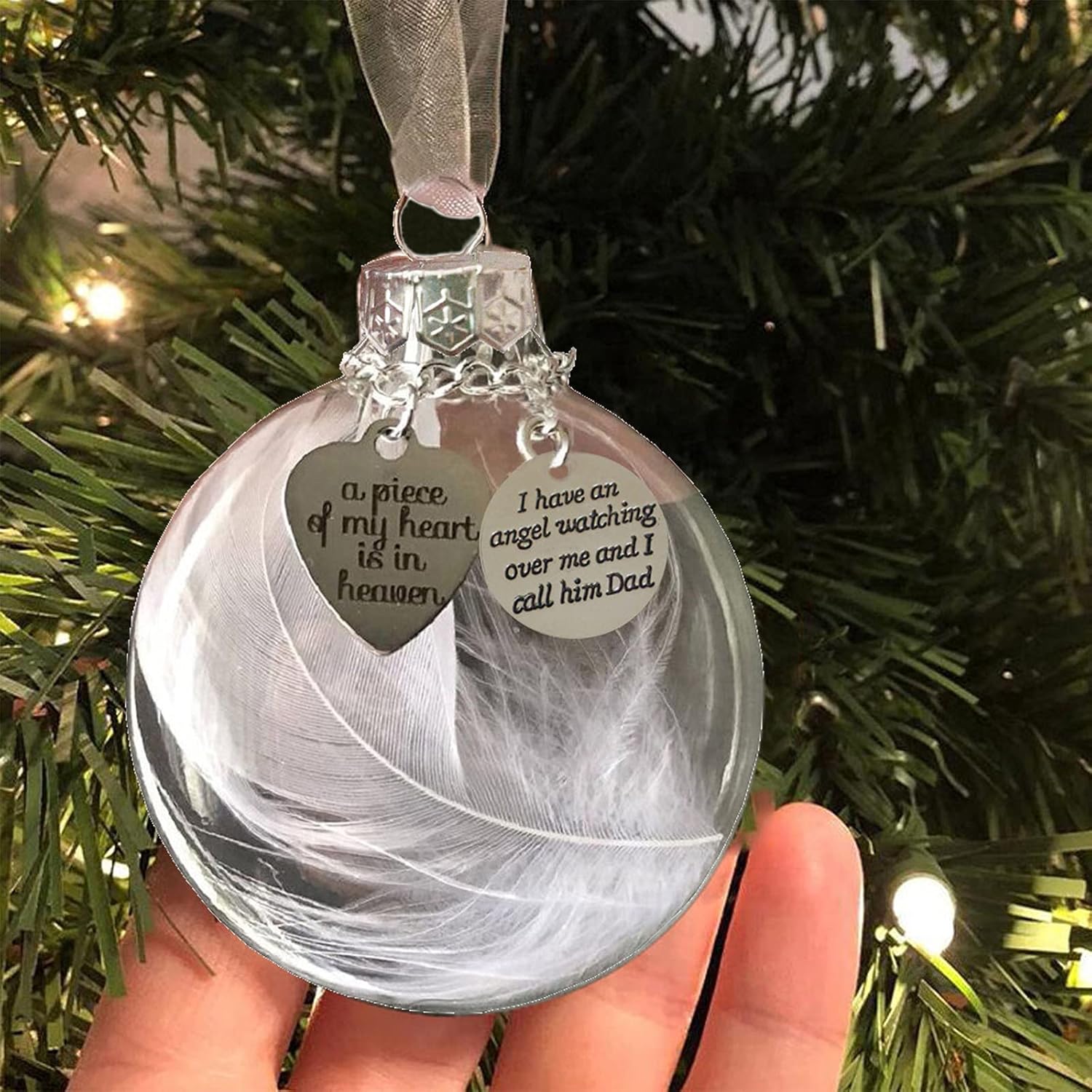 Ornaments - Clear Christmas Memorial Ornament Feather Ball, A Piece of My Heart is in Heaven, Christmas Tree Memorial Hanging Pendant Gift for Mom, Dad, Son, Daughter,Sister, Brother, Grandma, Grandpa 2.4''/60 mm