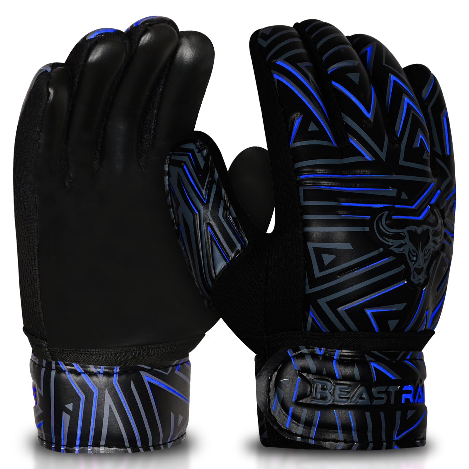 BEAST RAGE Youth Goalkeeper Gloves for Kids,Boys,Girls,Soccer Goalie Gloves Anti-Slip 4MM Latex Palm,Extra Grip,Double Wrist Strap,Breathable Mesh (Blue, Size 4 suitable for 6 to 9 Years old)