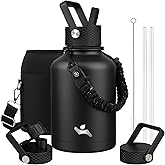 Konokyo Insulated Water Bottle with Straw,50 oz 3 Lids Water Jug with Carrying Bag,Paracord Handle,Double Wall Vacuum Stainless Steel Metal Flask,Black