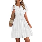 BTFBM Womens Spring 2026 Casual Mini Dresses Lightweight Short Sleeve V Neck Elastic Waist Cute Boho Beach Dress Pockets