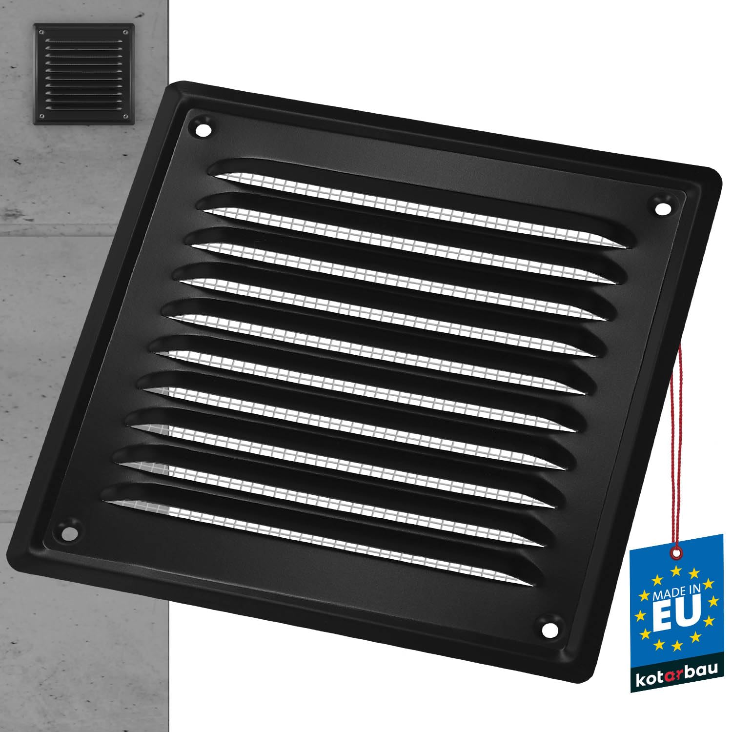KOTARBAU® Vent Cover - Steel - 16.5x16.5 cm (6.5x6.5 inches) - Black - Air Vent Grill - with Insect Screen - for Wall Ventilation - Corrosion Resistant