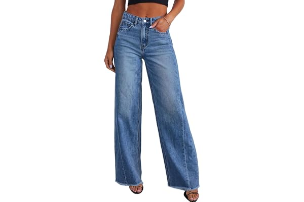 PRETTYGARDEN Women's Wide Leg Jeans Raw Hem Denim Pants | Stretchy Baggy Jeans, High Waisted Palazzo Pants, Basic-5-Pocket, R