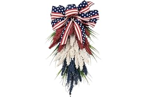 DEMONWER Patriotic Wreath for Front Door 4th of July Wreath White Independence Day Blue Red Wreath Wreath for Memorial Day Independence Day Veterans Day Front Door Decoration Hanging Ornaments 19.7in