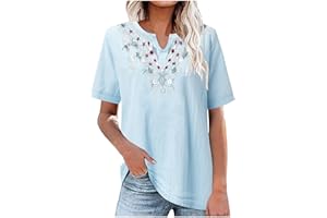 LMDUDAN Mexican Embroidered Shirt for Women Summer Short Sleeve Ethnic Style Tops Boho Floral Print Dressy Blouse Loose Tunic