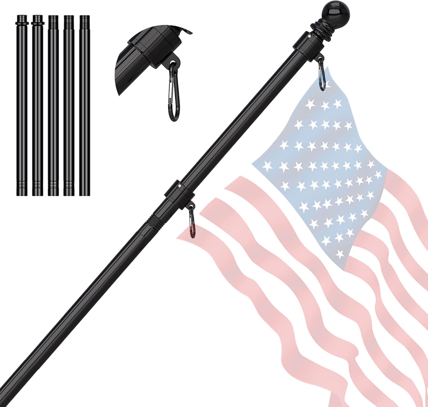 Flagpole Hardware - BURBIFRO Flag Poles for Outside House - Outdoor Flag Pole for House with Tangle Free Flag Pole Rings for Flags,5ft Heavy Duty American Flagpoles Residential kit for House,Porch,Truck,Boat,Car (Black)