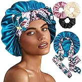 1+3 Large Satin Bonnets with Scrunchies for Women, Double Layer Hair Bonnet Tie Bonnet for Sleeping Braids Curly Hair