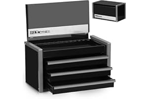 P.I.T. Mini Black Tool Box, Portable 3 Drawer Steel Stackable Tool Box with Magnetic Tab Locking, Black Micro Top Chest with Liner for Tools Storage and Organizers, Home DIY