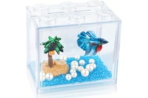 TSXUREPAW Small Betta Fish Tank, Stackable Mini Aquarium Tank Kit with Aquarium Gravel Pearl Decoration, 3/5 Gallon Fish Bowl Tiny Cube Tank for Seaweed Balls Sea Monkeys