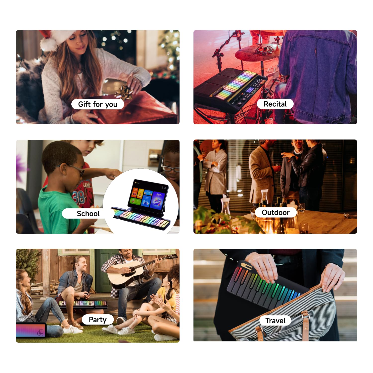 PopuPiano Portable Smart Piano Keyboard with Rainbow Light Keys, Interactive Lessons, MIDI, Expandable Keys, 100+ Chords, 256+ Tones, Visual Game Exercises - for Phone/PC/Tablet/Speaker