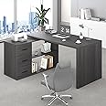 HSH L Shaped Desk with Drawers, Shape Computer Storage Cabinet Shelves, Reversible Modern Industrial Home Office Corner Desk, Rustic Wood Executive Writing Gaming Study Table, Gray 55 Inch