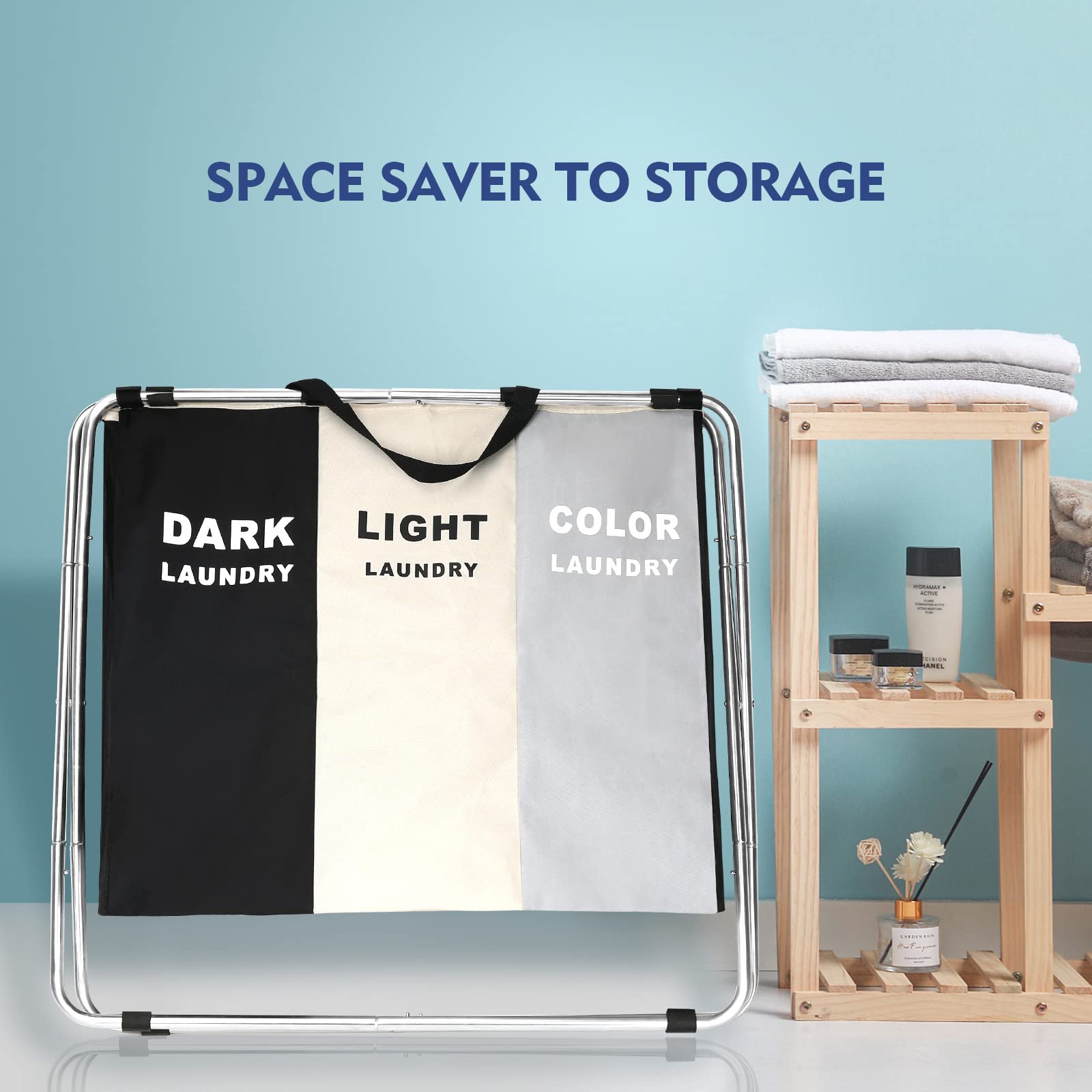 180L Laundry Basket Sorter, Large 3 Section Collapsible Laundry Hamper for Laundry Room Organization, 28