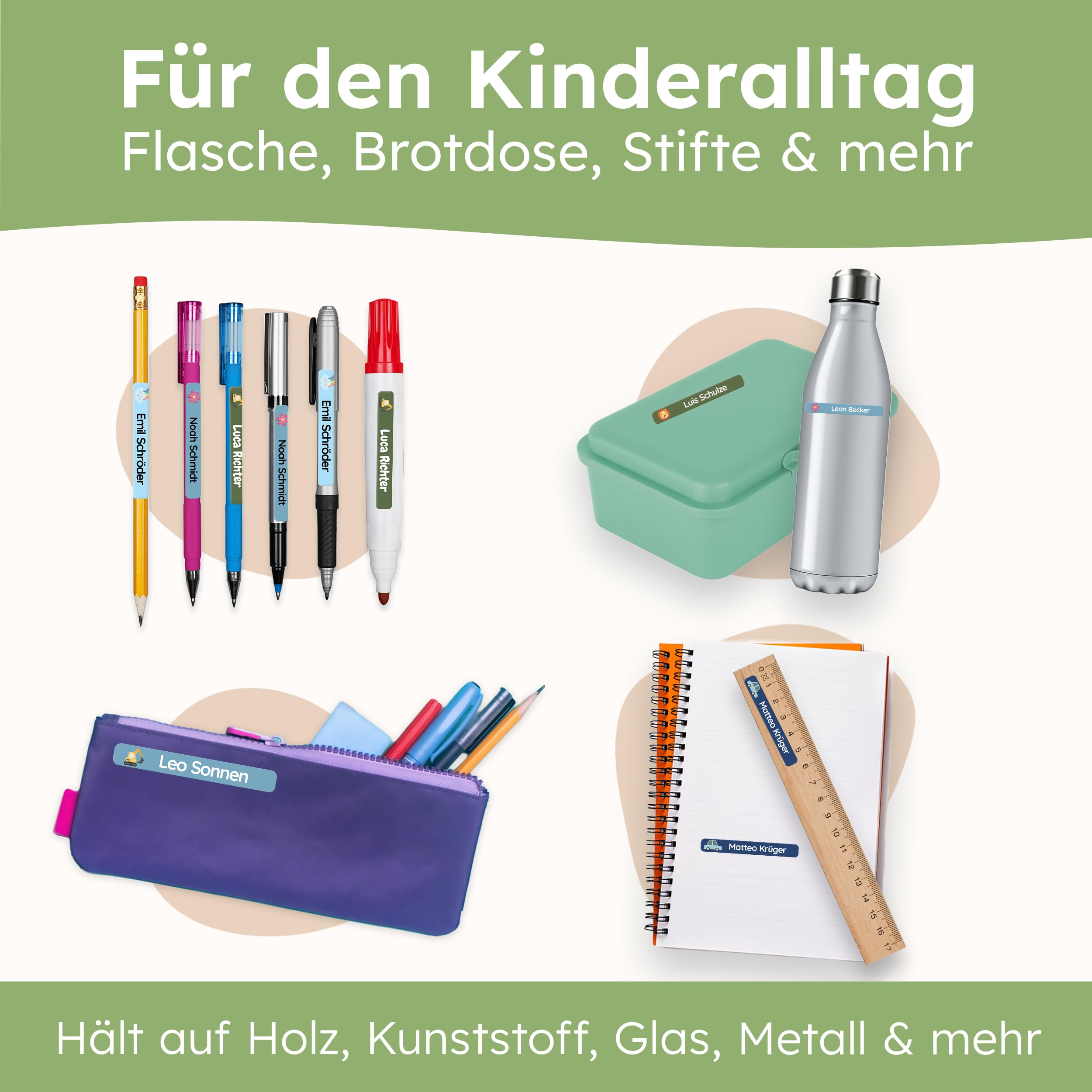 melu kids® Namensaufkleber Kinder für Schule & Kita (75 Stück) - Personalisierte Aufkleber mit Namen für Stifte und alle Schulsachen - Wasserfest in Spülmaschine (Himmelblau) 4