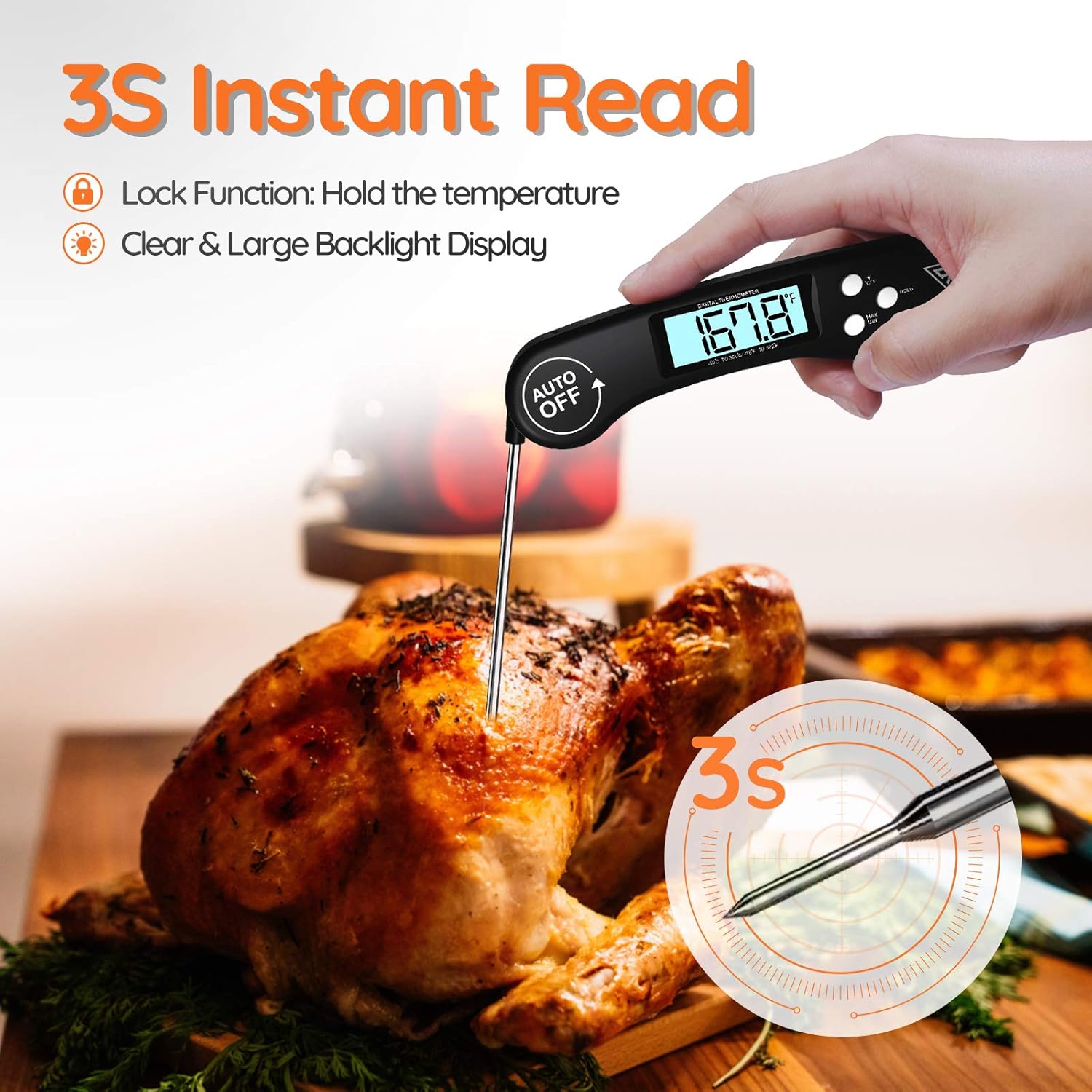 DOQAUS Digital Meat Thermometer, 3s Instant Read Food Thermometer for Cooking, Digital Kitchen Thermometer Probe with Backlight & Ambidextrous Display, Cooking Thermometer for Candy Grill BBQ Liquids: Kitchen & Dining