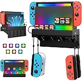 RGB Switch Wall Mount for Nintendo Switch/OLED, Games Console Wall Shelf with 7 Light Mode,Station Stand Holder for Switch Console, 7 Game Card Slots, 4 Controller Storage Hook for Switch Accessories