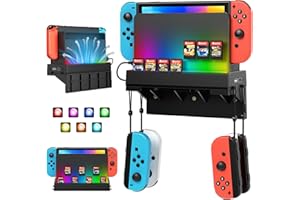 YUANHOT RGB Switch Wall Mount for Nintendo Switch/OLED,Games Console Wall Shelf with 7 Light Mode, 7 Game Card Slots, 4 Controller Storage Hooks Compatible with Switch Accessories