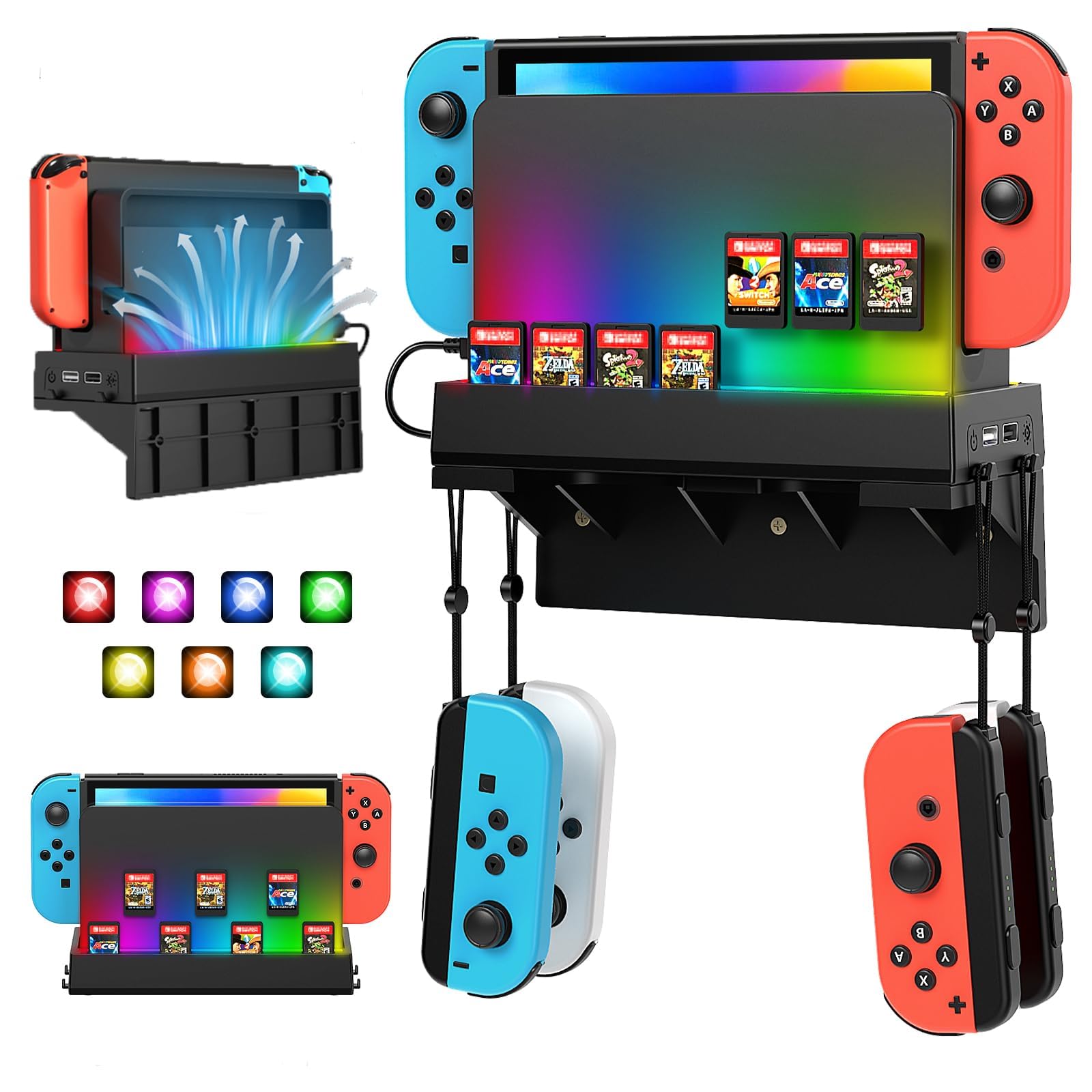 RGB Switch Wall Mount for Nintendo Switch/OLED, Wall Control Shelf with 7 Light Modes, Switch Controller Wall Holder, 7 Game Card Slots & 4 Hook for Switch Controllers