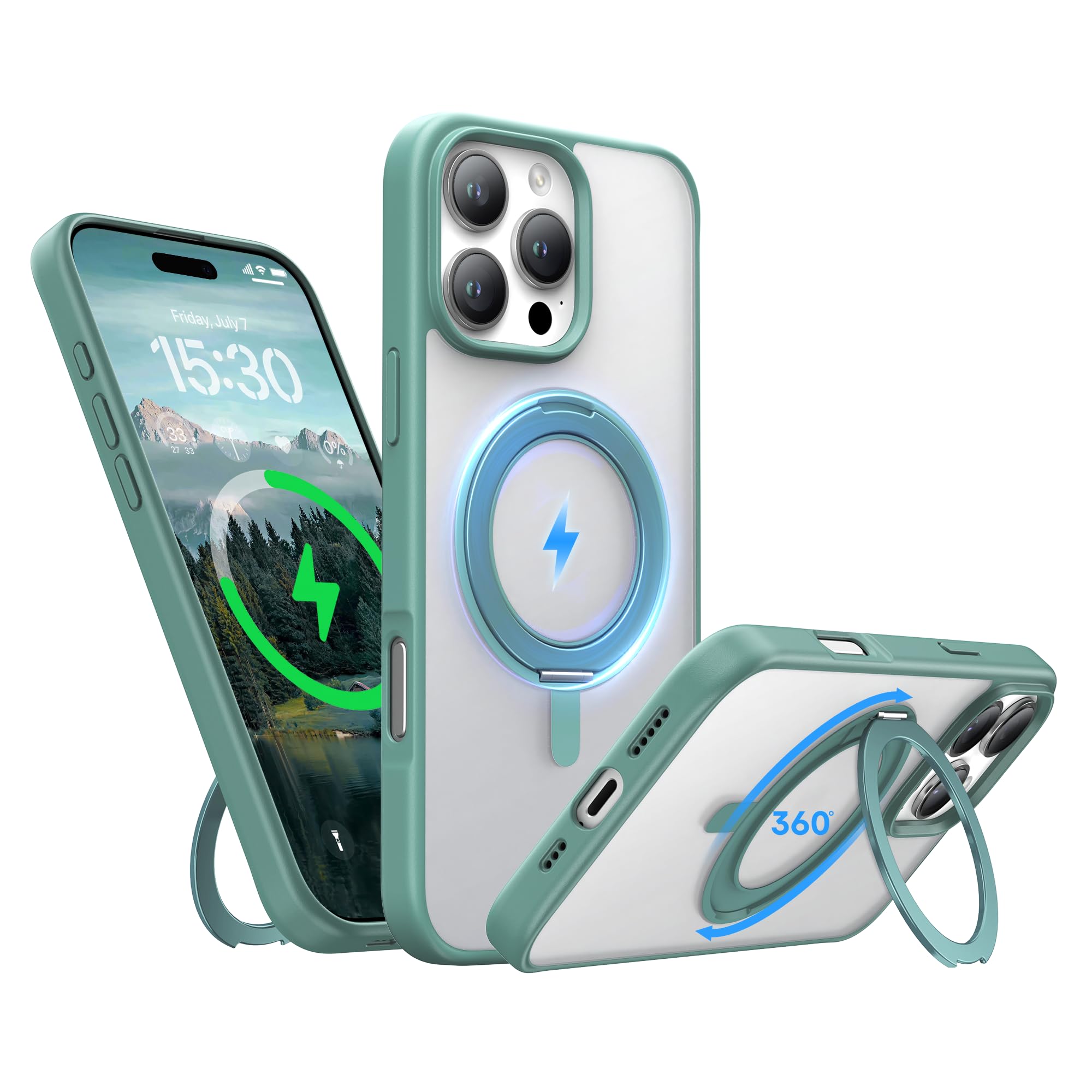 Niunisi Stand for iPhone 16 Pro Case, [Compatible with Mag Safe] 360° Rotatable Ring Holder Kickstand Military Shockproof Protective Case for iPhone 16 Pro 6.3 Inch, Green