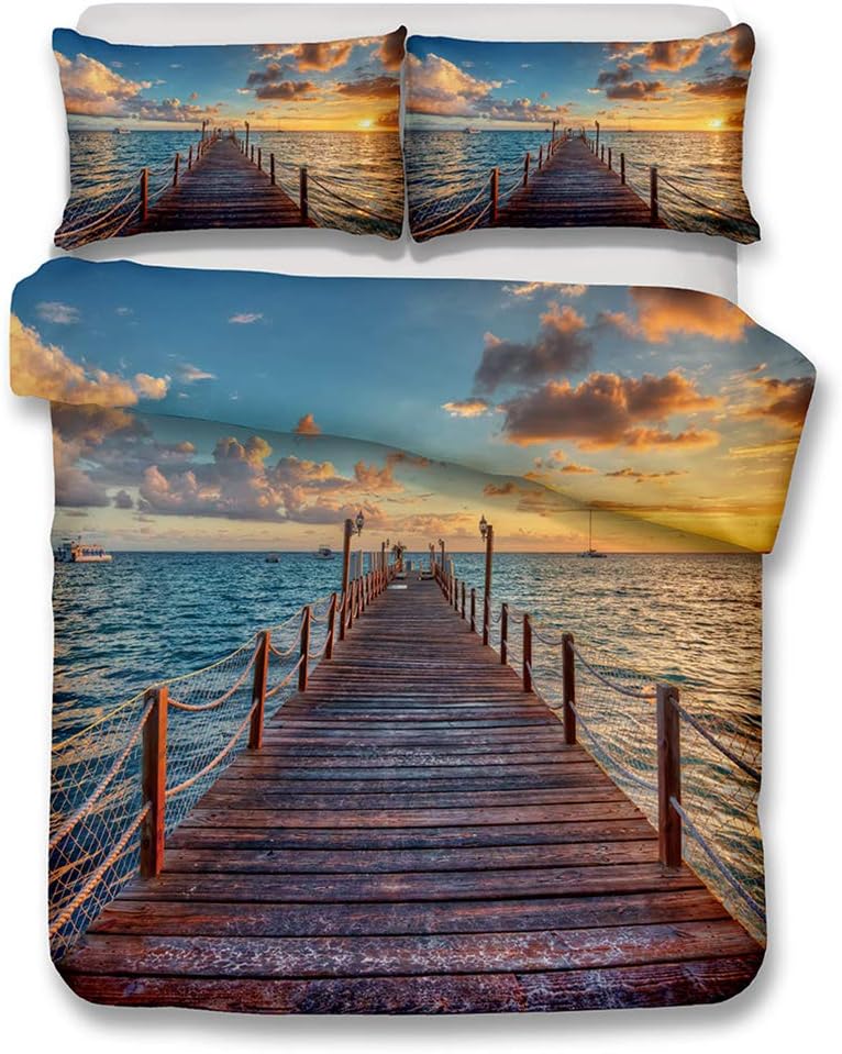 Ocean Duvet Cover Set King Size, Tropical Island with The Palm Trees and Sea Beach Nature Theme Print, A Decorative 3 Piece Bedding Set with 2 Pillow Shams, Turquoise Blue