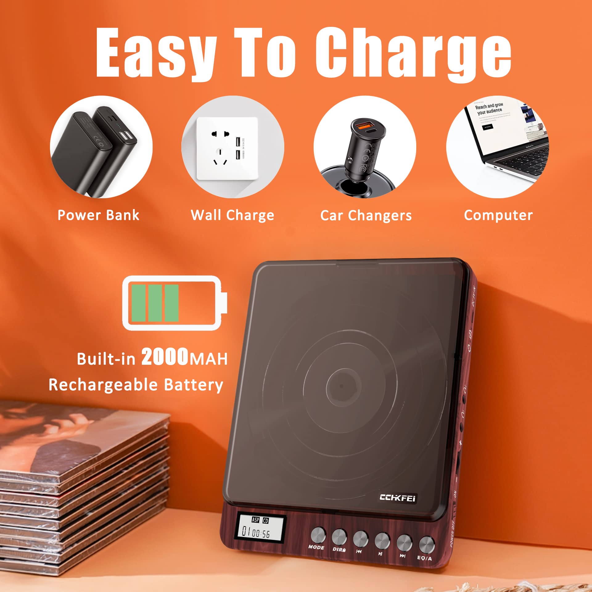 Portable CD Player with Speakers 2000mAh Rechargeable CD Player Portable with Double 3.5mm Headphones Jack,Small Anti-Shock Personal CD Player for Car Aux or Home Music Player