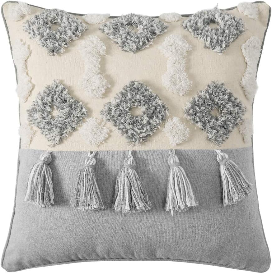 MIULEE Decorative Throw Pillow Cover Tribal Boho Woven Tufted Pillowcase with Tassels Super Soft Pillow Sham Cushion Case for Sofa Couch Bedroom Car Living Room 18X18 Inch Gray and Beige