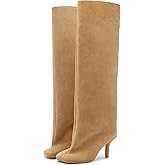VOMIRA Women's Knee High Nude Suede Wide Calf Square Toe Stiletto Fall Winter Pull On High Heel Long Ladies Fashion Dress Tall Slouchy Boots
