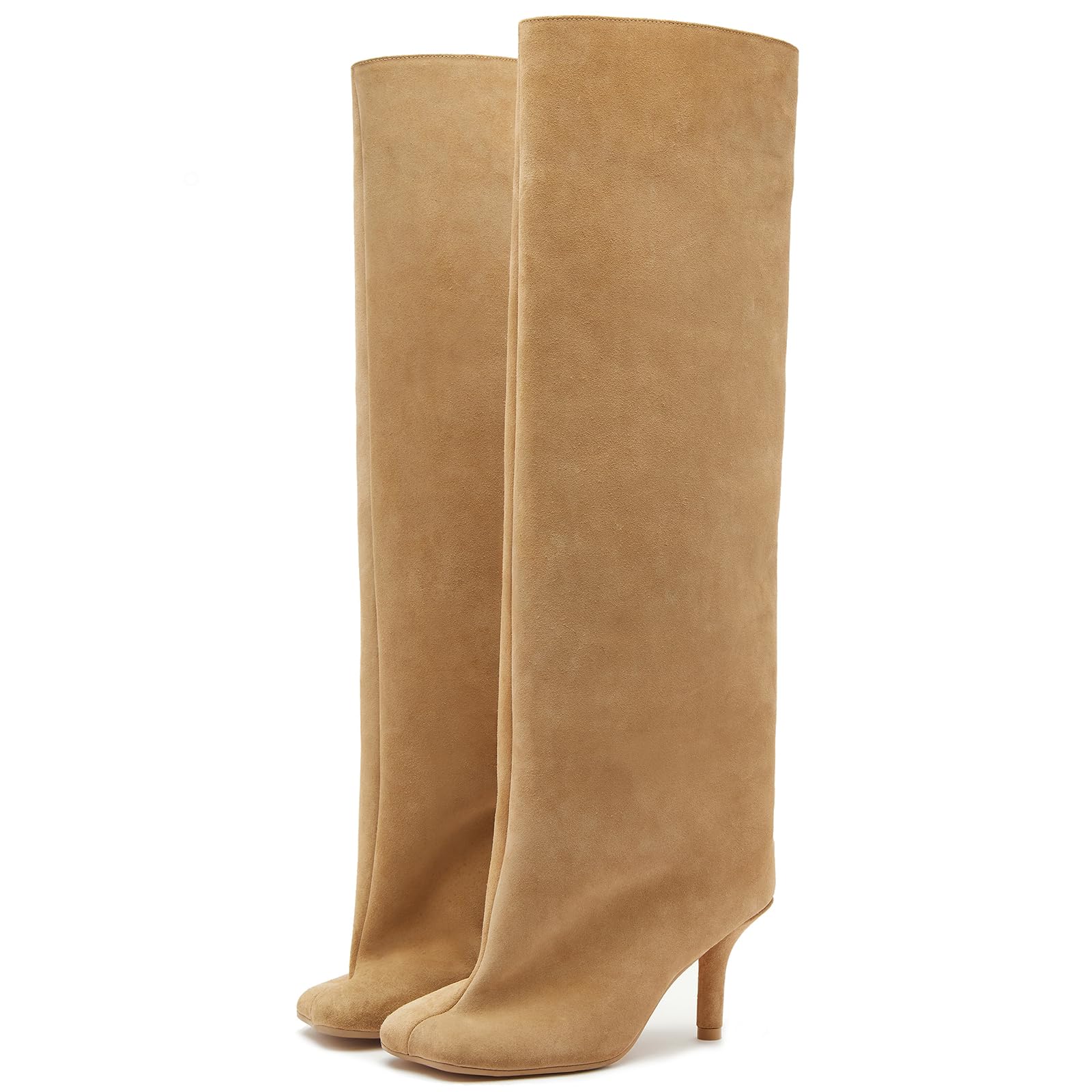 Photo 1 of VOMIRA Women's Knee High Nude Suede Wide Calf Square Toe Stiletto Fall Winter Pull On High Heel Long Ladies Fashion Dress Tall Slouchy Boots