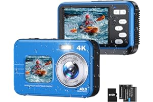 HICSHON Underwater Camera, Selfie Dual Screens 4K 48MP 11FT Autofocus Waterproof Digital Camera for Snorkeling,16X Zoom, 64GB Card, 2 Batteries, Fill Light (Blue)