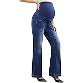 Yornobly Women's Maternity Flare Jeans High-Waist Stretchy Over Belly Bootcut Denim Pregnancy Pants with Patch Pockets